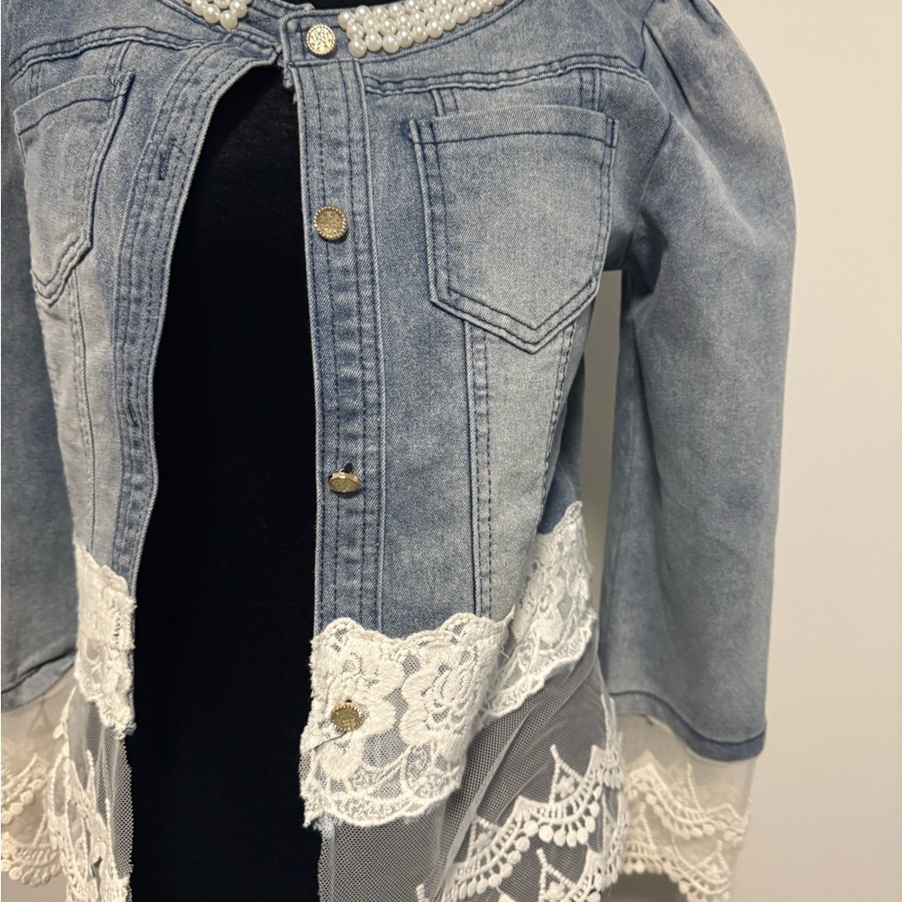 Elegant Lace & Pearl Trimmed Denim Jacket by Military Hippie size small - Picture 3 of 10